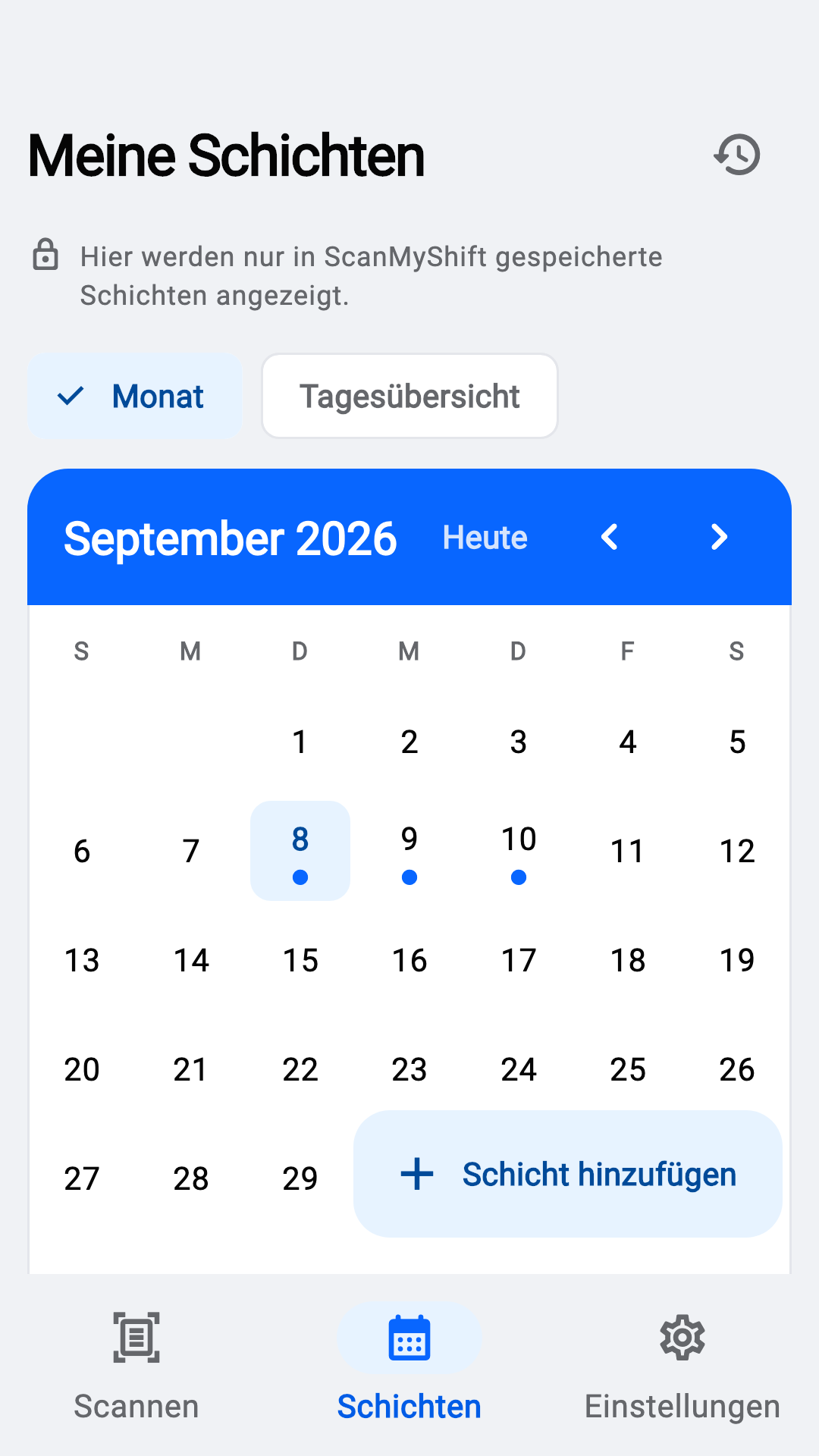 Monatliche Schichten ansehen