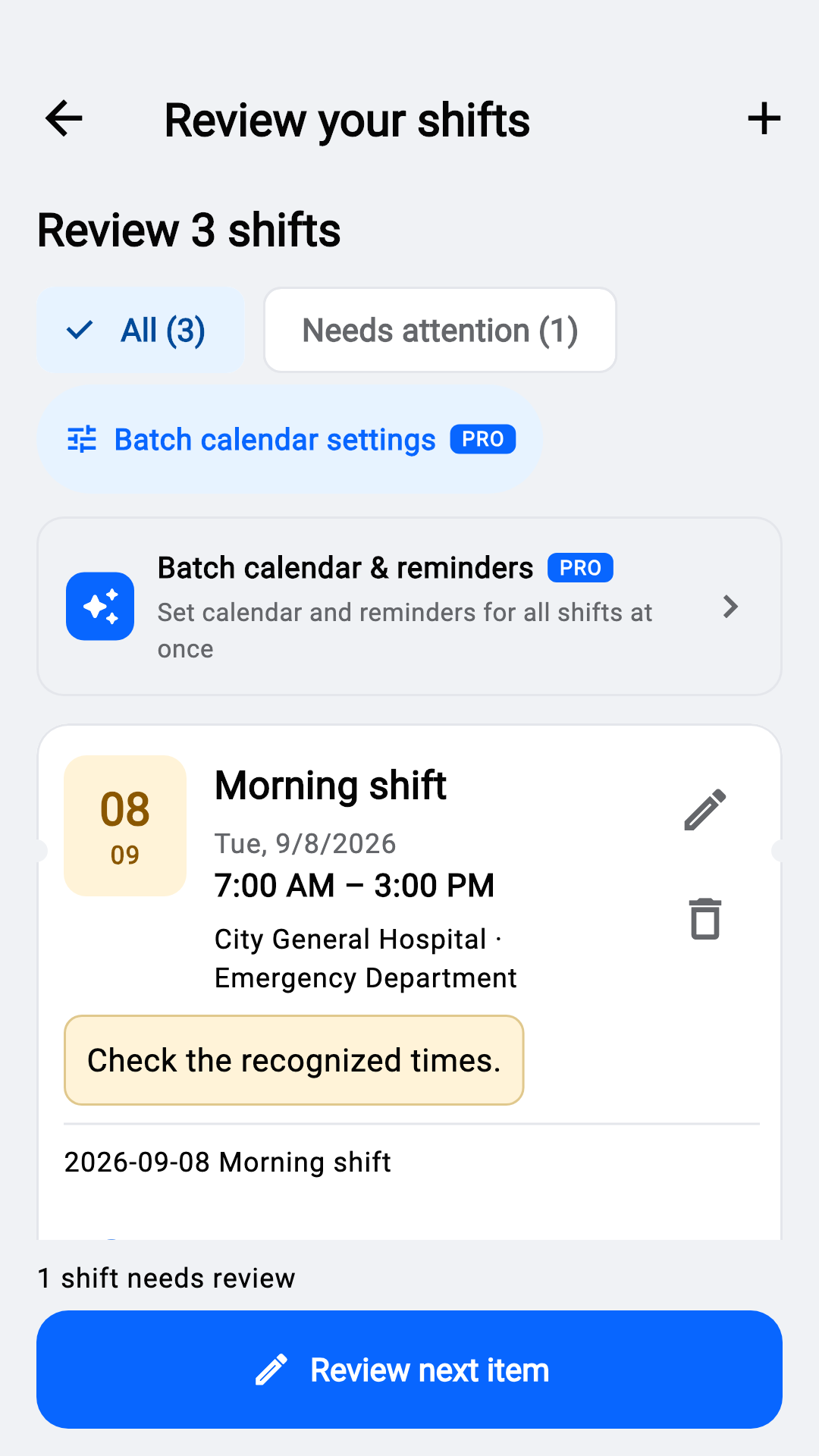 Review recognized shifts