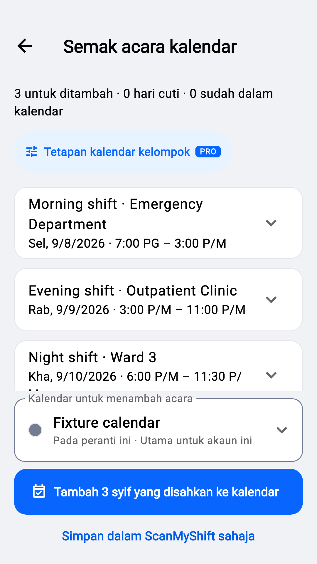 Semak sebelum menambah ke kalendar