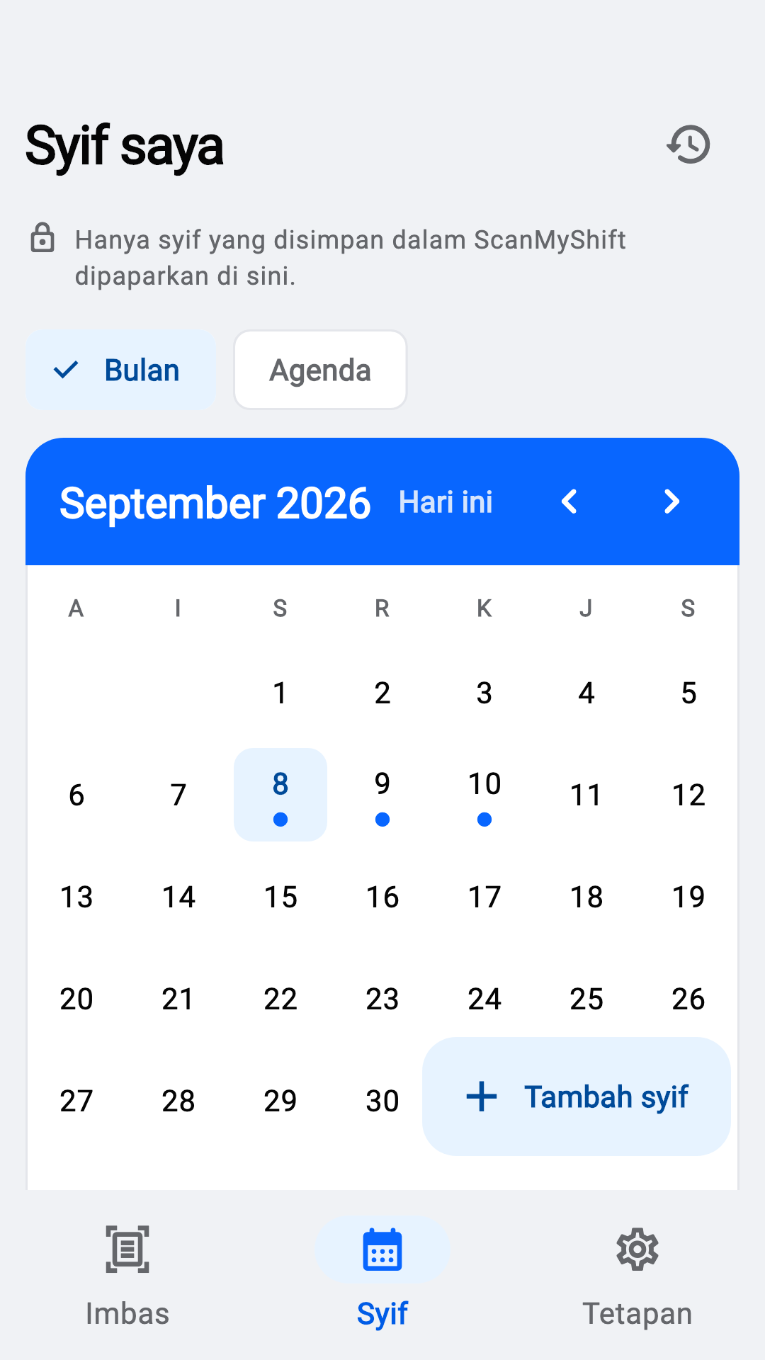 Lihat syif bulanan